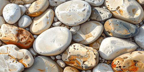 Close-up shot showcasing a collection of smooth, rounded pebbles and stones in varying shades of white, beige, and brown.