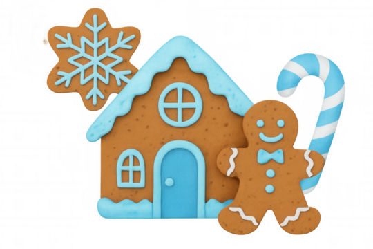 Gingerbread house, man, snowflake, candy cane with light blue icing and white details, transparent background - Powered by Adobe
