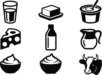 Dairy Product Silhouette Icon Set Featuring Milk, Cheese, Yogurt, Butter, Cream, Cow Symbol, and Farm Fresh Food Graphics