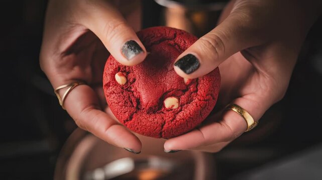 Close-up of hands breaking a red velvet cookie in half, revealing creamy white filling inside. Tempting, delicious and cinematic food shot.