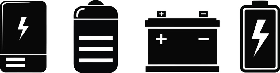 Fototapeta premium Set of four black battery icons with lightning bolt and plus minus symbols Keywords: battery, power, energy, electric, charge
