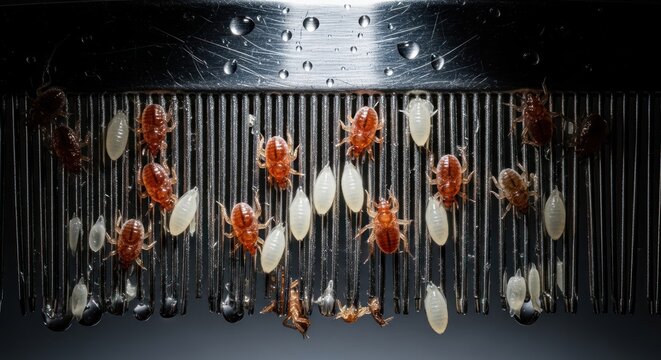Close-up of lice and eggs on a metal comb