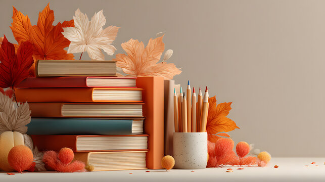 Stack of books, maple leaves and pencils on the desktop. Back to school and education concept. Mockup, copy space. Banner. Generative AI