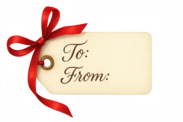 Present gift tag with red ribbon and bow, ready for christmas or holiday celebration, isolated on transparent