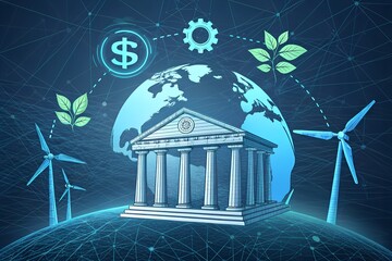 Sustainable Finance Ecosystem Bank Building with Earth, Dollar, Gear, Leaves, and Wind Turbines on Digital Network Background