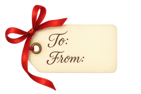 Present gift tag with red ribbon and bow, ready for christmas or holiday celebration, isolated on transparent