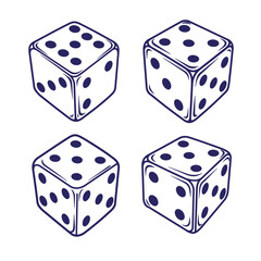 Four stylized dice displaying different numbers on a white background for gambling concepts.