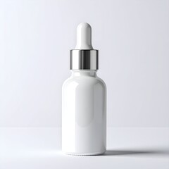 A glossy white dropper bottle with silver cap stands on a light, seamless background