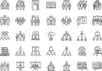 Outline Business Meeting, Education, and Teamwork Vector Icons Set, SEO Optimized Collection for Presentation, Management Structure, Training, Idea 