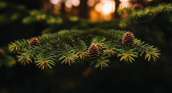 Close-up of pine branches and cones at sunset. Lush green needles and small, brown cones are highlighted against a dark background, with soft, golden light behind