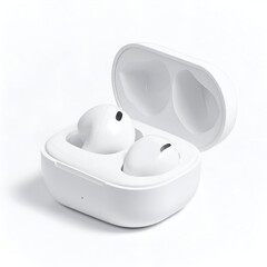 White wireless earbuds displayed open in a case on a white background