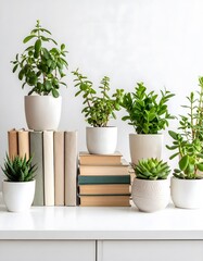 Fototapeta premium Succulents and Books: A Minimalist Arrangement of Greenery and Literature