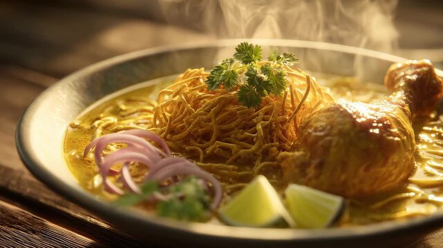 Khao Soi Golden noodle soup curry chicken with crispy noodle, lime, red onion, parsley steam rising from rustic bowl with coconut broth, warm light