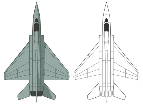 Set chengdu j-7 military aircraft design in line art and colored style from top view. Vector illustrations colorful j16 fighter jet. Outline drawing modern chinese combat aircraft.