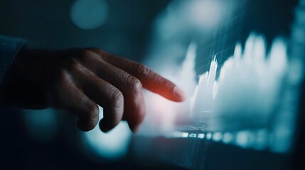 A hand interacts with a digital display showing a financial graph symbolizing analysis and growth in a dark technological environment