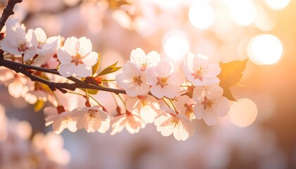 Sun-Kissed Cherry Blossoms: Delicate Petals Bathed in Golden Light, Springtime Bloom
