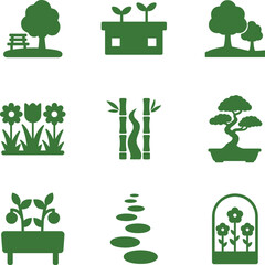Green Garden and nature Park icon set with silhouette vector illustration for landscaping and outdoor design bundle
