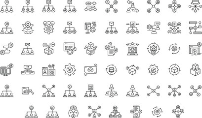 Outline Business Process Management and Workflow Vector Icons Set, SEO Optimized Collection for Corporate Structure, Teamwork, Strategy, Data Exchange, Communication, and Project Development 