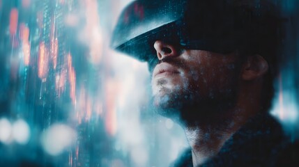 A man wearing a virtual reality headset looks into a futuristic digital display of data