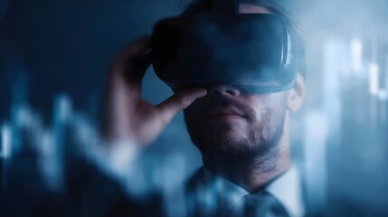 Investor wearing VR headset exploring blurred digital financial charts with futuristic lighting