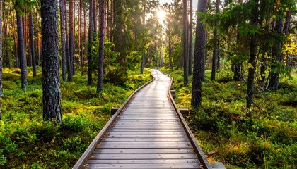 Sunlit boardwalk path through autumn forest