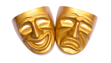 Iconic golden masks of comedy and tragedy, embodying the full spectrum of human emotions and the essence of performance art and dramatic storytelling