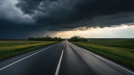 Fototapeta premium asphalt. Panoramic view of an empty road under cloudy skies, capturing a serene and open landscape. travel magazines, destination branding, designed for outdoor magazines and nature guides.