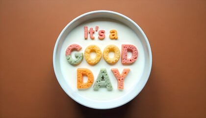 Colorful Cereal Spelling "It's a Good Day" in Milk Bowl