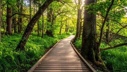 Sunlit boardwalk path through lush forest