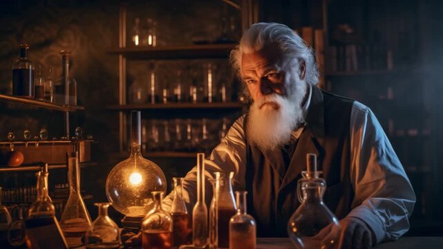 Old perfumer working with glass bottles
