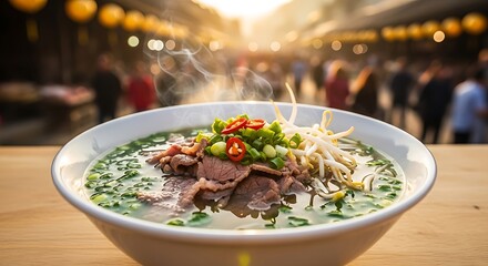 A steaming bowl of pho on a wooden table in an Asian market at sunset, A delicious bowl of Vietnamese noodle soup with beef, herbs, and spices, captured in exquisite detail
