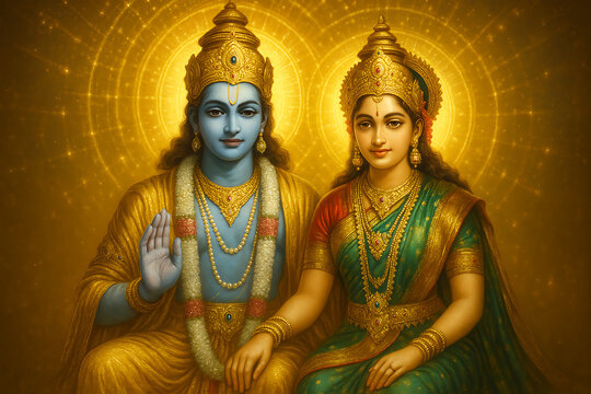 Lord vishnu and goddess lakshmi seated together in golden radiance representing divine couple and eternal prosperity for laxmi puja