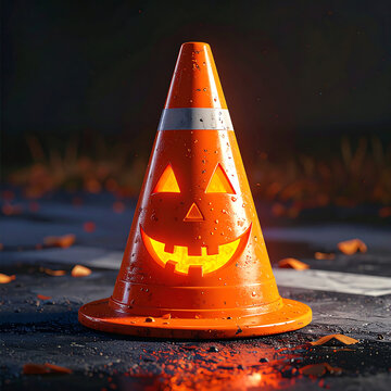 Halloween pumpkin traffic cone glowing in the dark.