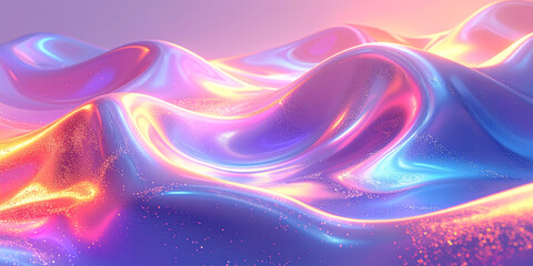 Abstract iridescent waves flow across the frame, bathed in soft pastel colors of pink, purple, blue, and gold.