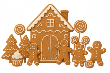 Gingerbread family and house with christmas trees and lollipops, festive holiday pastry dessert on transparent background