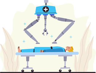 Medical Robot Examining Patient on Gurney with Transparent Background in Cartoon Style