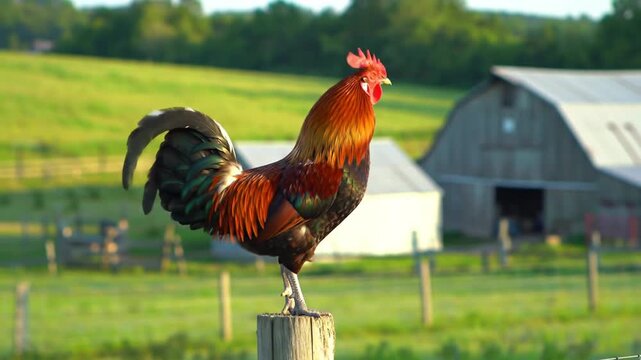Rooster crowing atop farm post, rural ambiance, vibrant plumage, picturesque background