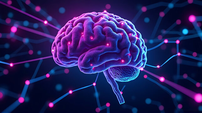 AI brain network glowing with neon purple and cyan lights, abstract cyberpunk tech background, ultra photorealistic