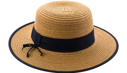 Elegant women's straw sun hat featuring a classic boater design with a wide brim and a sophisticated black ribbon, isolated on a white background