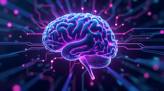 AI brain network glowing with neon purple and cyan lights, abstract cyberpunk tech background, ultra photorealistic