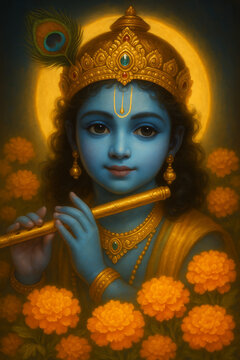 An enchanting, dark-skinned young boy, lord krishna, holds a golden flute amidst vibrant orange marigold flowers with a bright halo, sri krishna