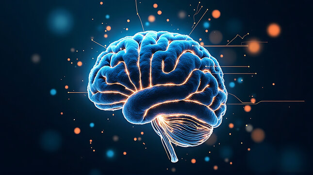 Artificial intelligence brain formed by glowing fiber optic cables, blue and gold color scheme, sci-fi abstract design