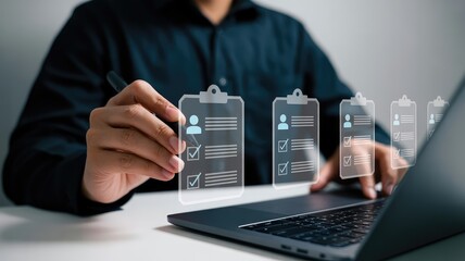 Professional reviewing candidate profiles on digital checklist, optimizing hiring process for success