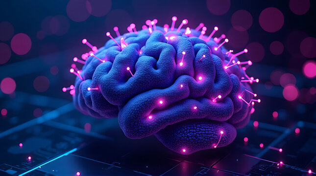 AI brain network glowing with neon purple and cyan lights, abstract cyberpunk tech background, ultra photorealistic