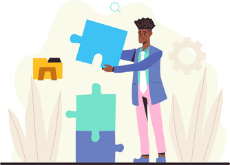 Fototapeta premium Man Placing Puzzle Piece in Illustration With Transparent Background