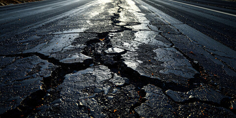 Close-up view of a cracked and damaged asphalt road, highlighting the destructive power of seismic activity and natural disasters