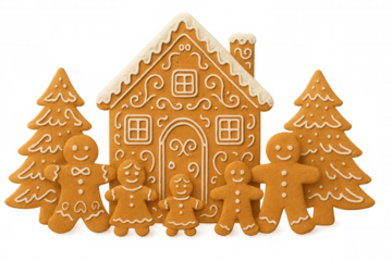 Gingerbread christmas family home scene with house, parents, children, and trees on transparent background