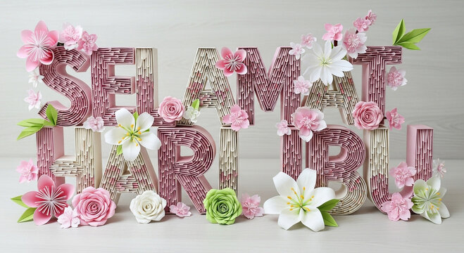 Decorative Selamat Hari Ibu for Mothers Day lettering adorned with pink and white flowers, celebrating a special occasion.