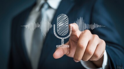 Businessman interacting with digital microphone and sound wave visualization for voice technology concepts