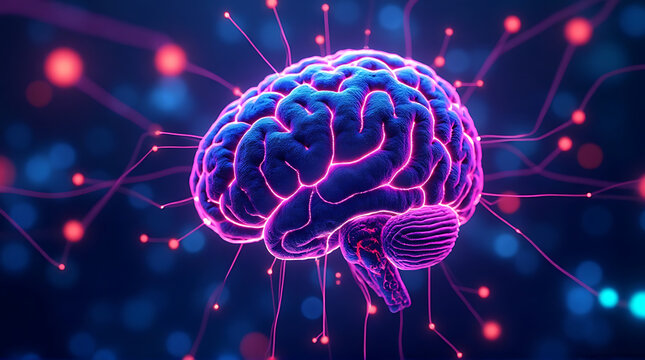 AI brain network glowing with neon purple and cyan lights, abstract cyberpunk tech background, ultra photorealistic